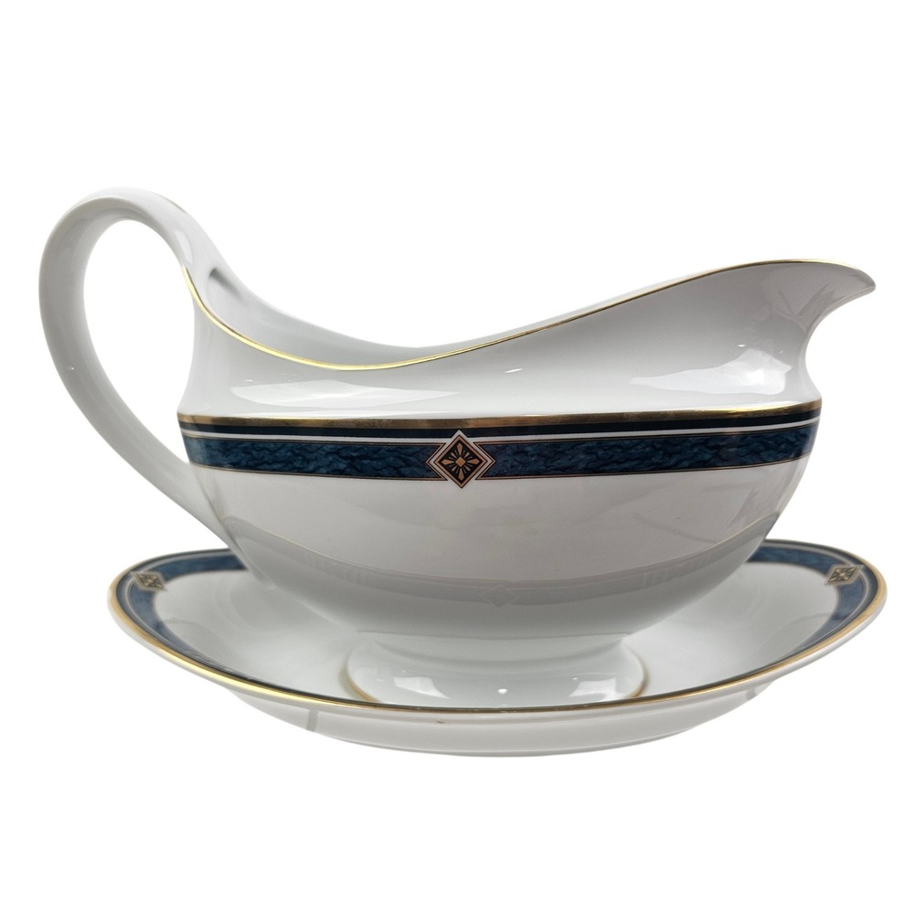 Wedgwood Embassy Collection Kenyon Gravy Boat & Underplate Fine China Navy Gold
